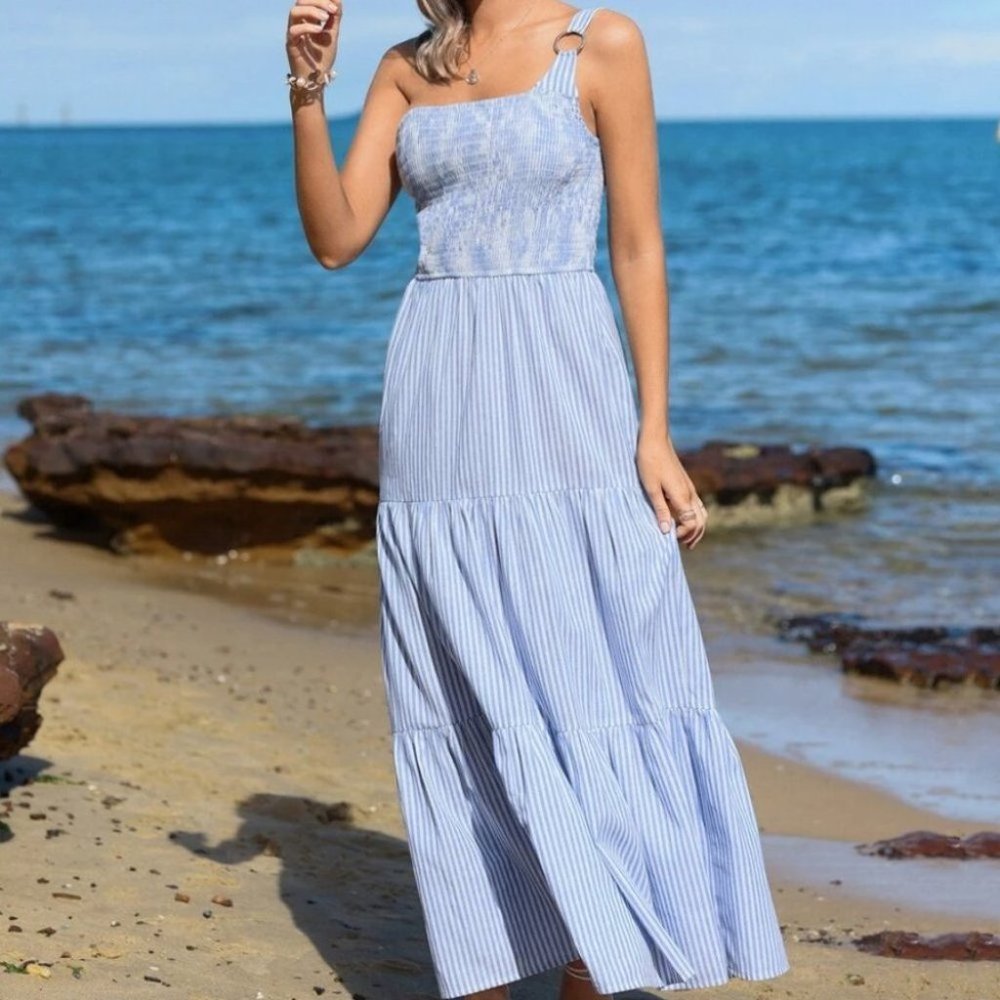 One Shoulder O-ring Detail Shirred Ruffle Hem Striped Print Dress - Picture 3 of 6